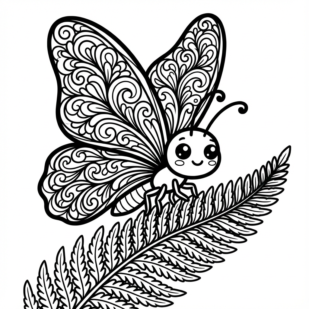 Cute smiling butterfly with intricate swirl pattern wings perching on a fern leaf line art coloring page.