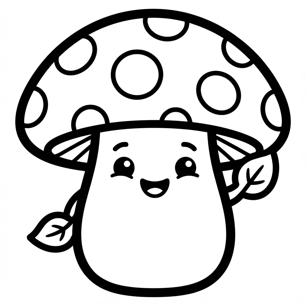 Cute smiling mushroom guy with a big spotted cap and small leaf arms waving line art coloring page.