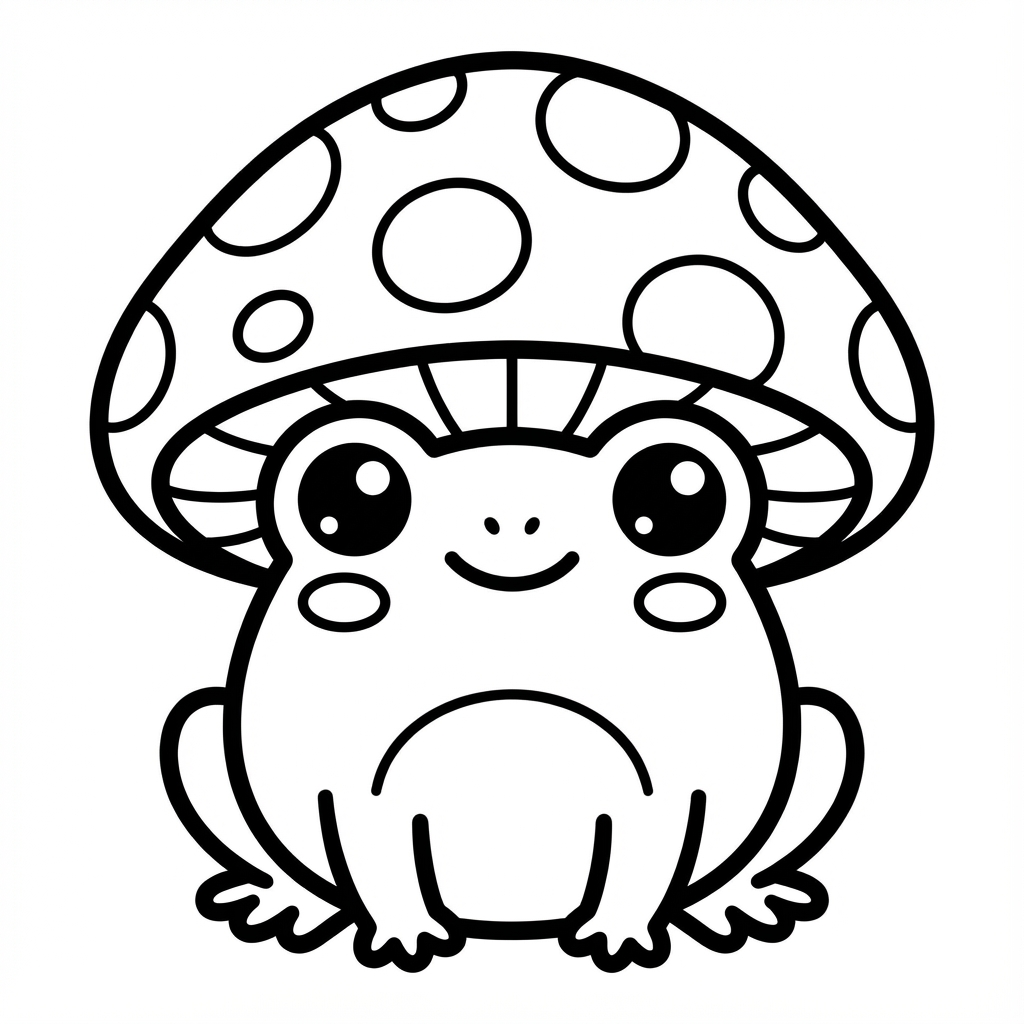 Cute chubby frog sitting down while wearing a large polka dot mushroom cap as a hat line art coloring page.