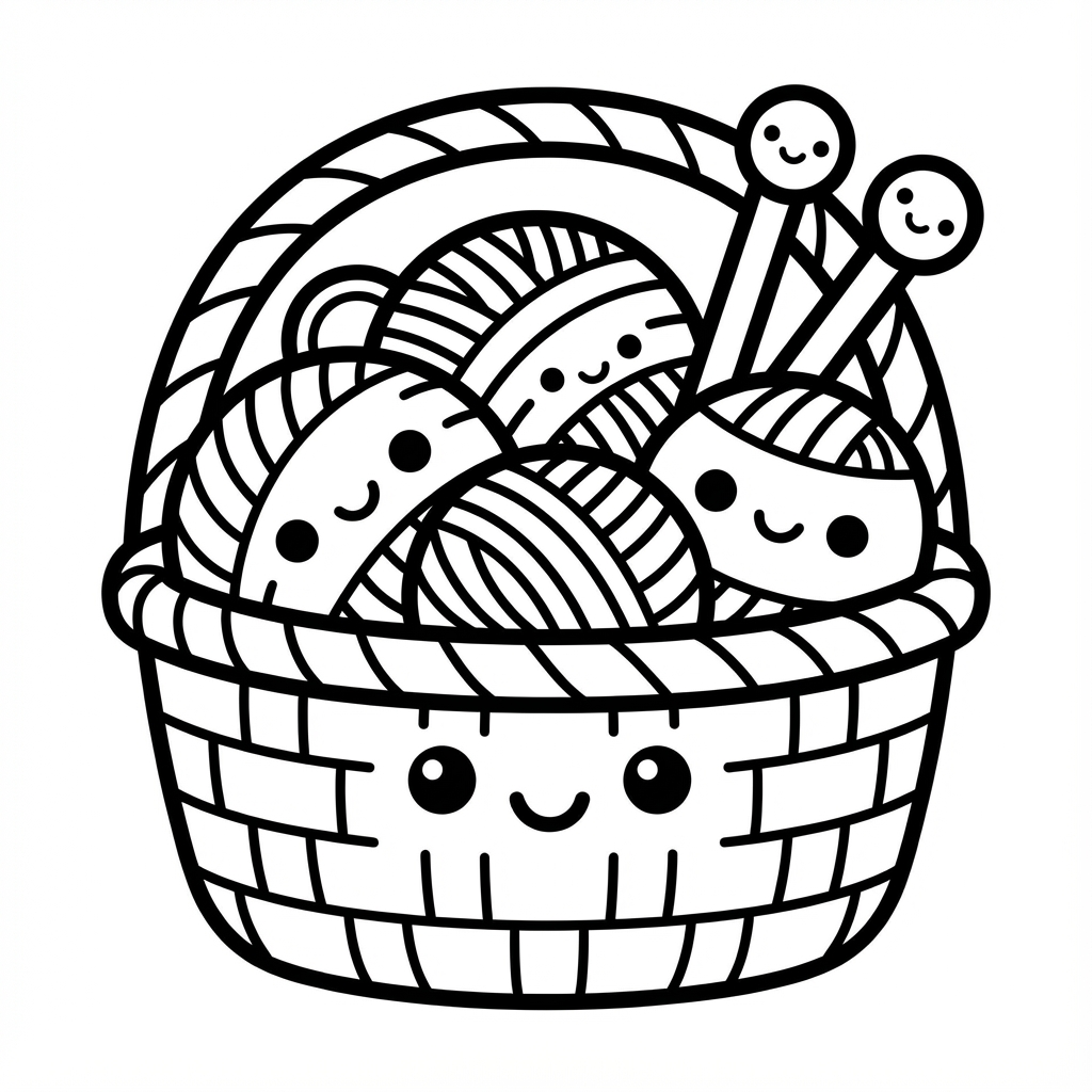 Cute smiling woven basket filled with soft balls of yarn and cute smiling wooden knitting needles line art coloring page.