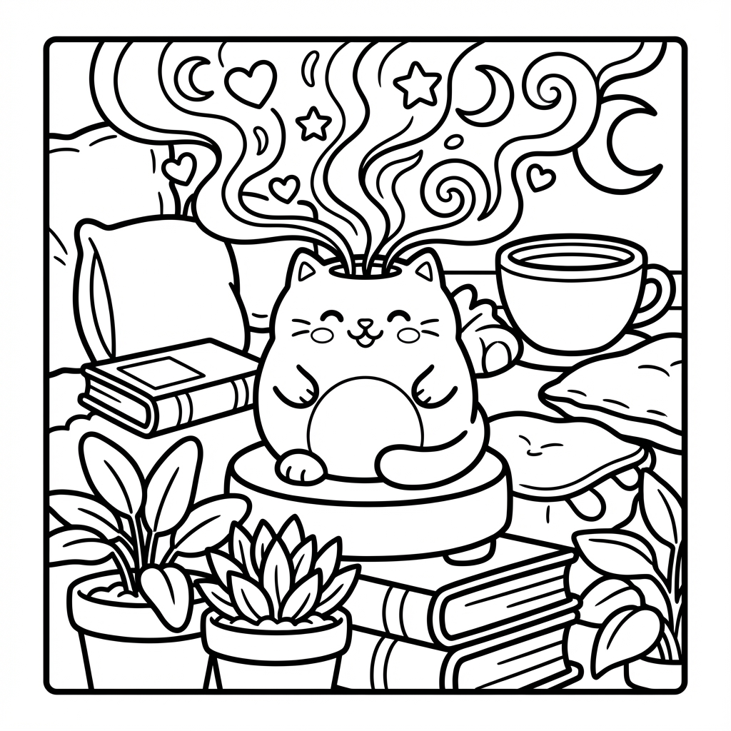 Cute cat incense burner emitting cosmic smoke.