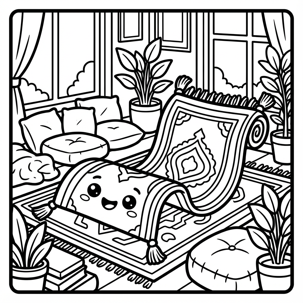 A smiling magic carpet unrolled on cozy floor.