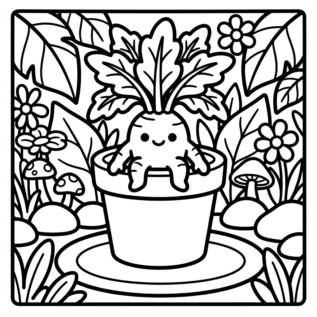 Cute root vegetable sprouting from a pot.