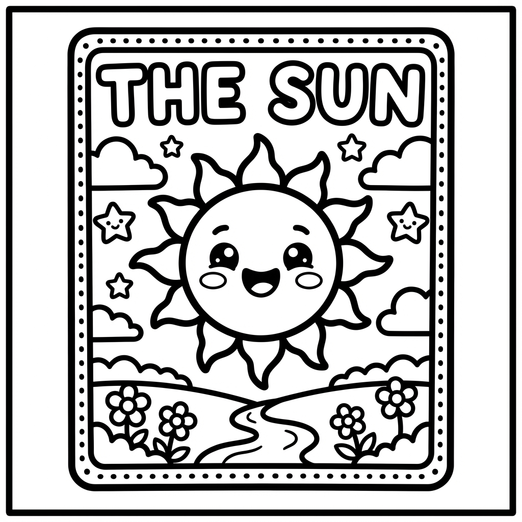 Happy sun surrounded by clouds and flowers, designed as easy color-in pages wide lines for kids.