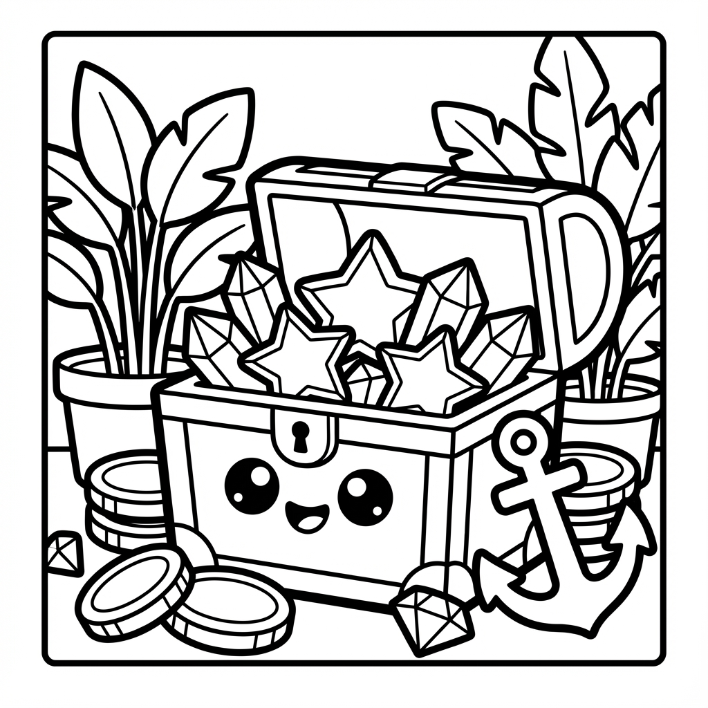 Smiling treasure chest filled with gems and an anchor.