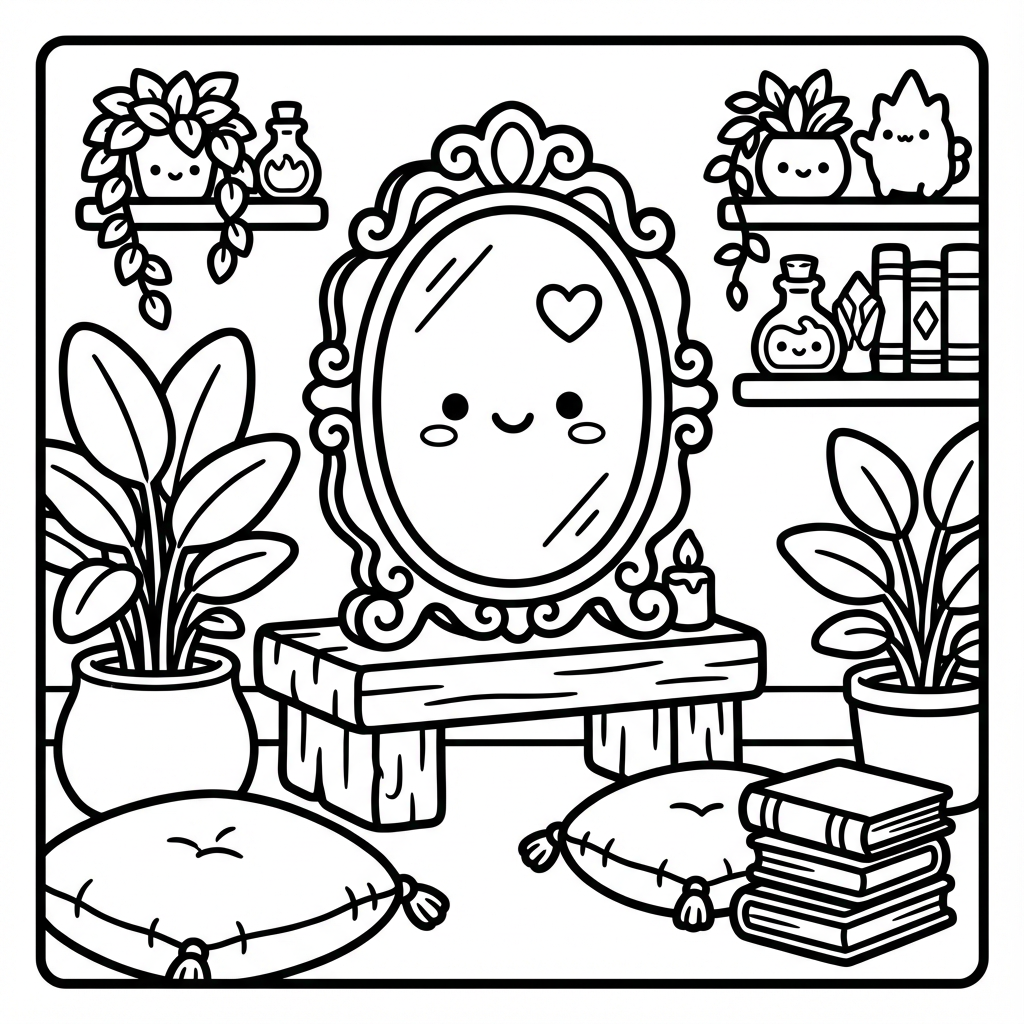Cute oval mirror on a wooden bench with potions.
