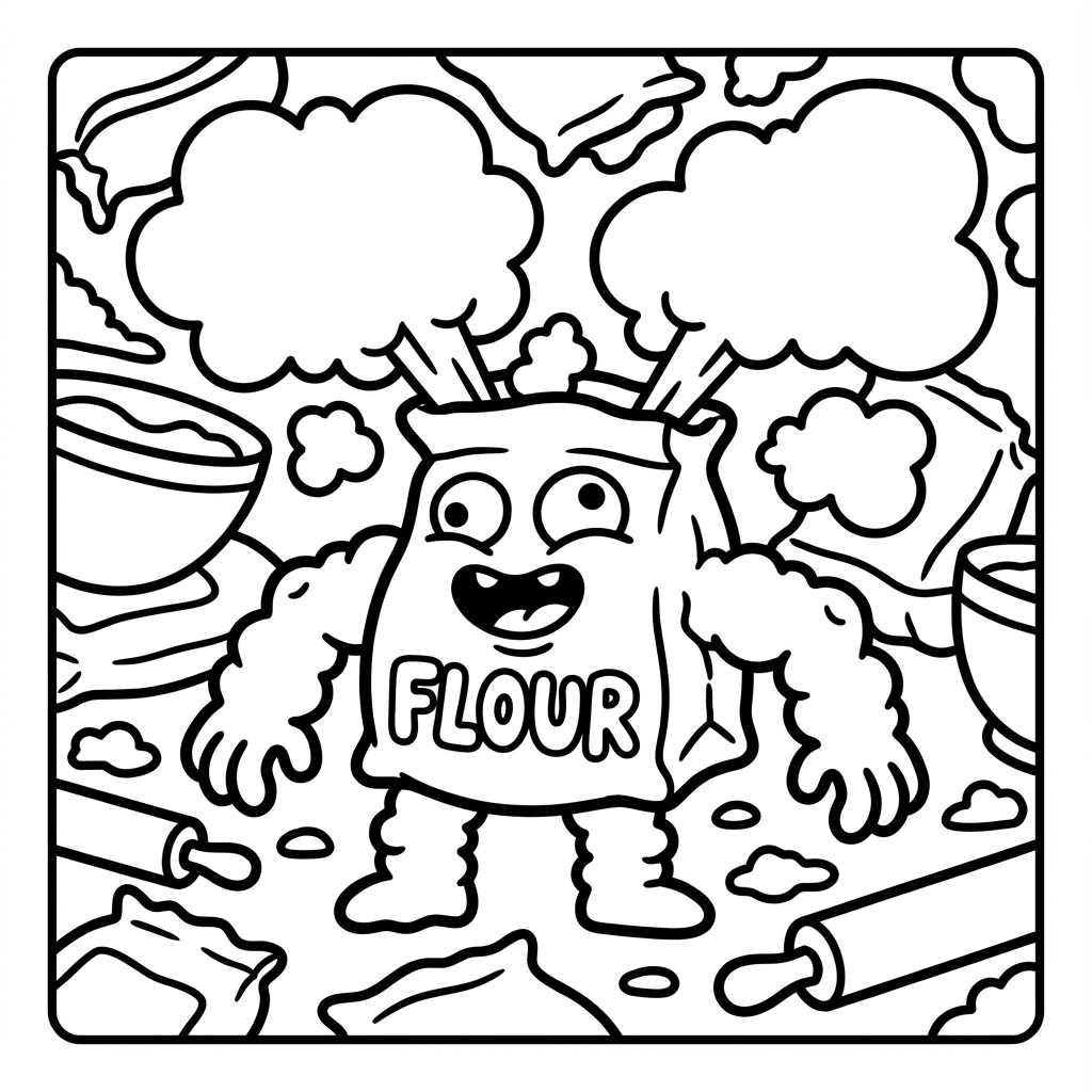 Energetic flour sack monster labeled FLOUR with muscular arms puffing clouds of flour in a baking kitchen filled with rolling pins.