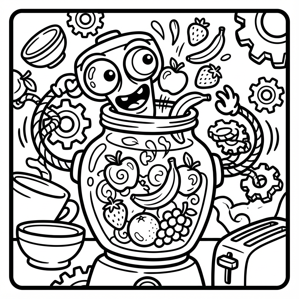 Crazy eyed blender appliance monster mixing bananas, strawberries, and apples with flexible hose arms and mechanical gears.