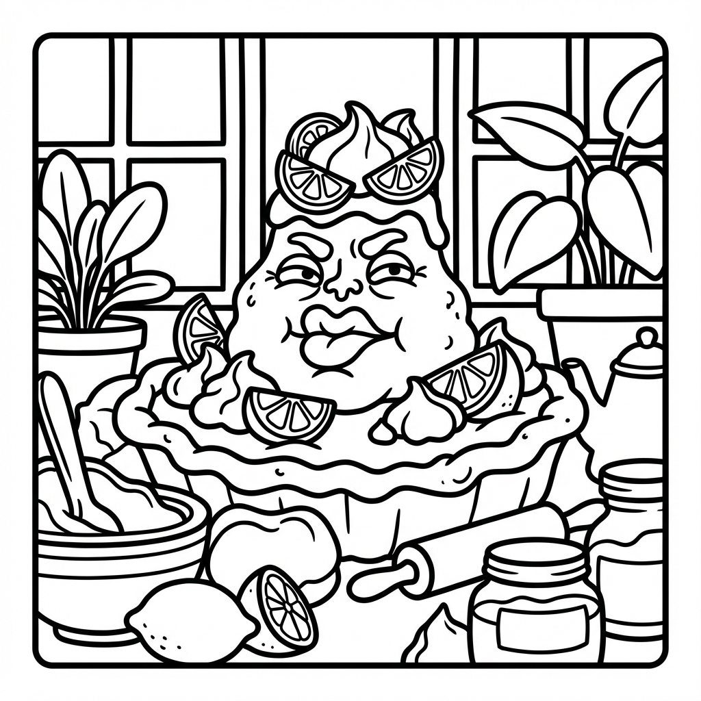Sour grumpy lemon pie monster with puckered lips and lemon slice toppings sitting on a baking counter next to lemons and utensils.
