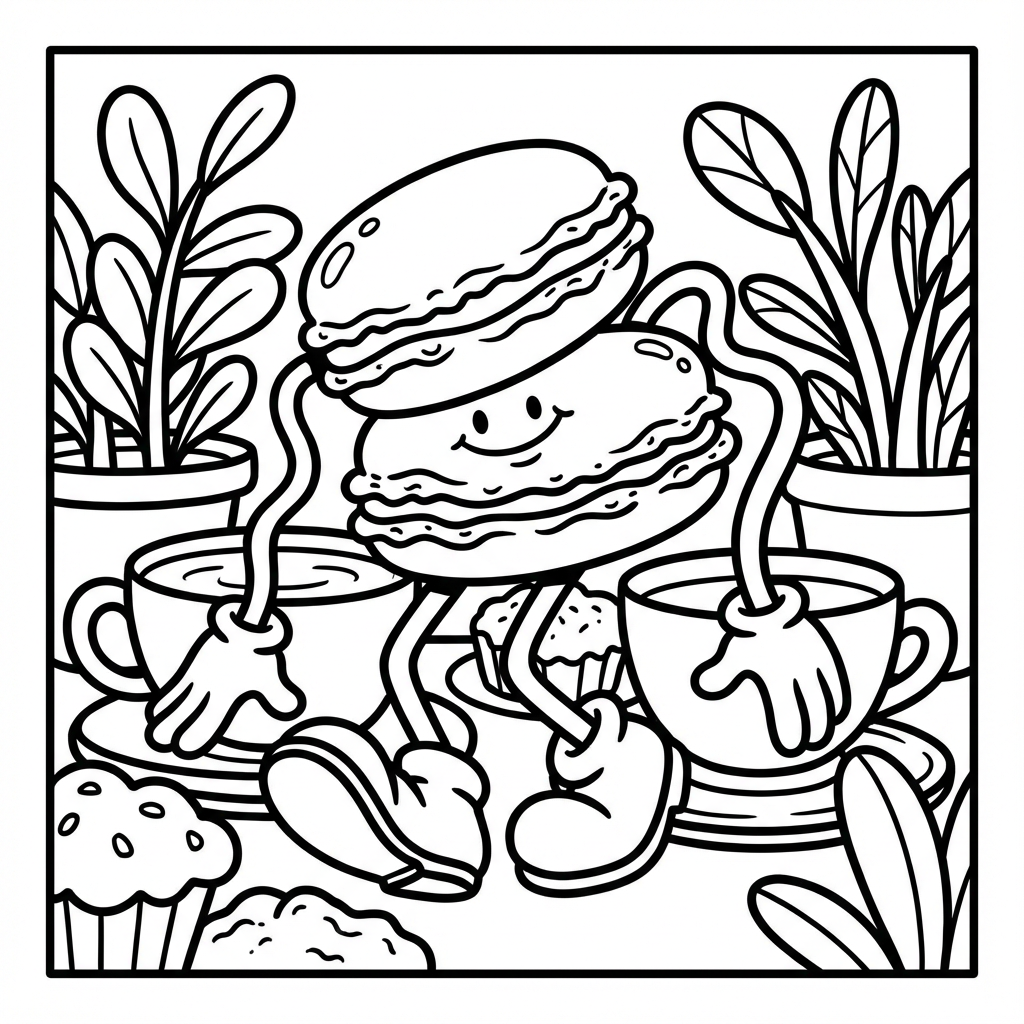 Two stacked cute macaron pastry monsters with long cartoon arms and legs sitting between two teacups and bakery treats.