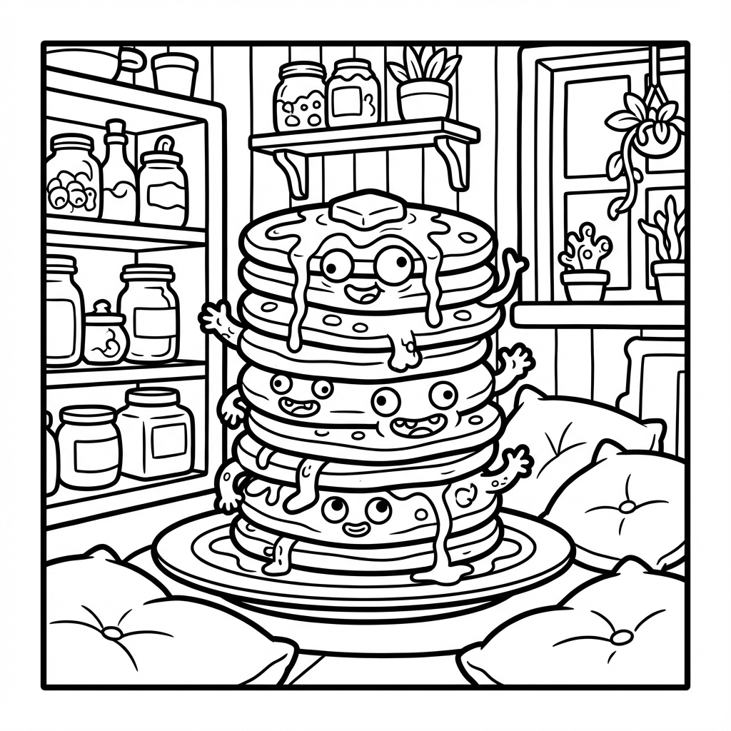 A giant stack of syrup-covered pancakes with multiple cute smiling faces, arms, and butter on top, surrounded by kitchen pantry jars.