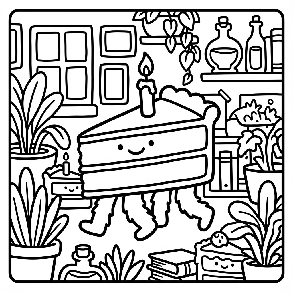 Smiling layer cake slice monster with a lit candle top walking on furry legs inside a room filled with potted plants and potion bottles.