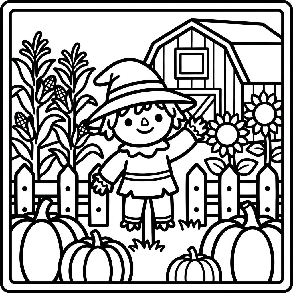 Cute kawaii scarecrow waving in front of a red barn, corn stalk garden, large pumpkins, and sunflowers.