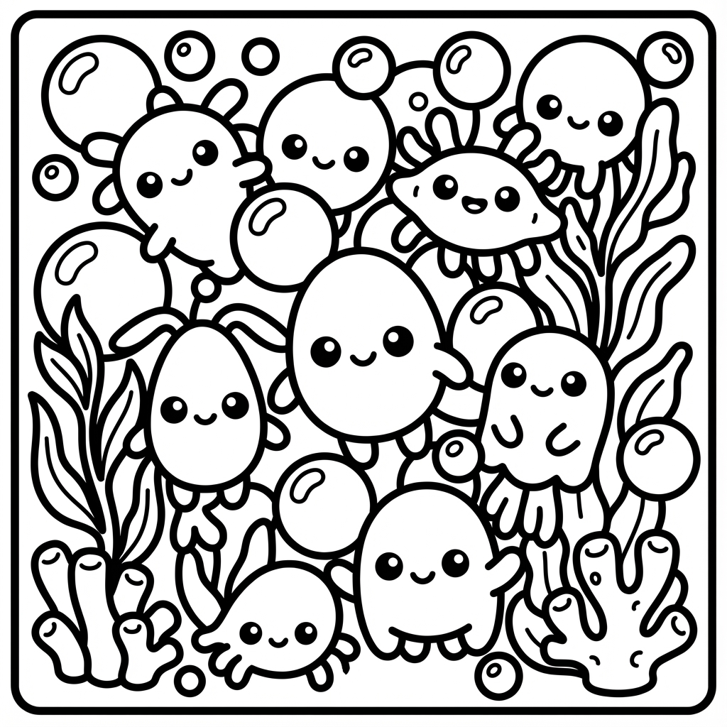 A cluster of cute jellyfish floating amongst bubbles.