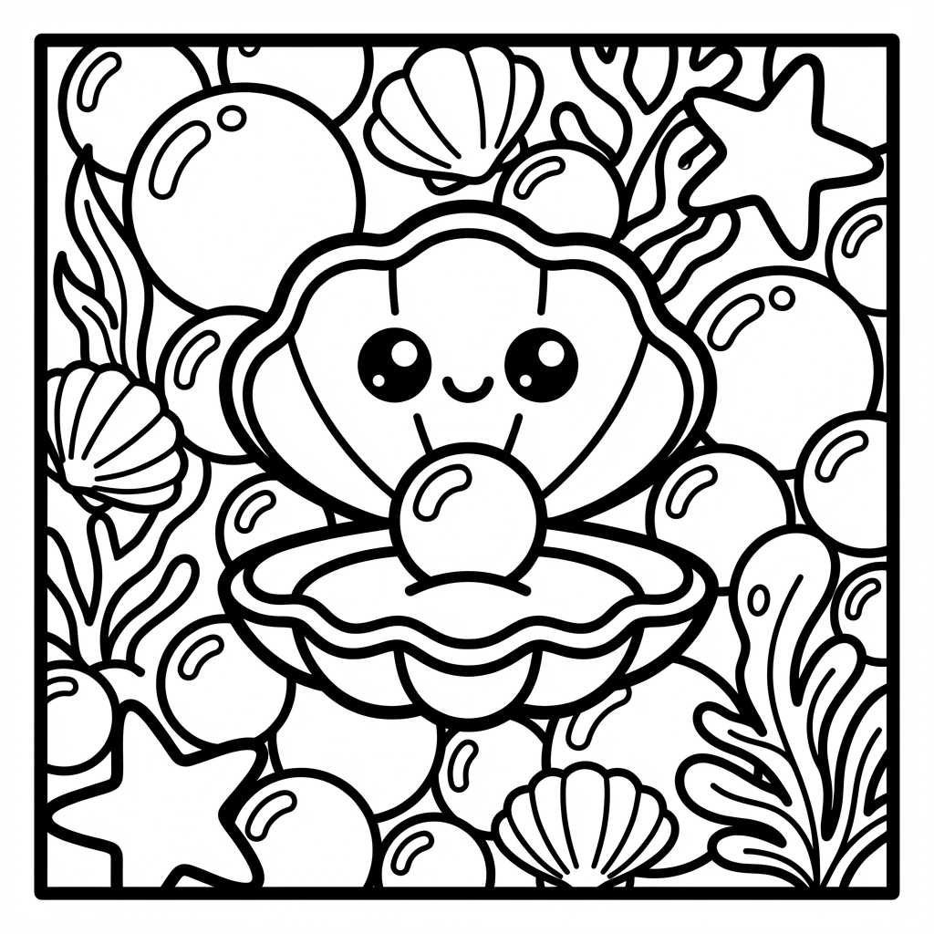 Cute clam holding a pearl, inside a rounded square frame.