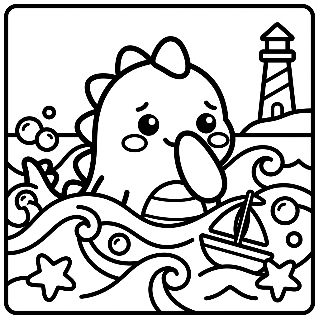 Worried dinosaur swimming in choppy waves near a lighthouse.