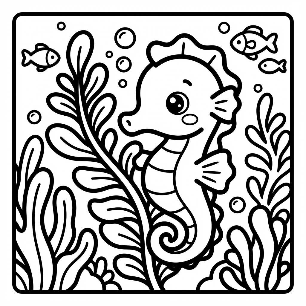 Gentle seahorse on seaweed.