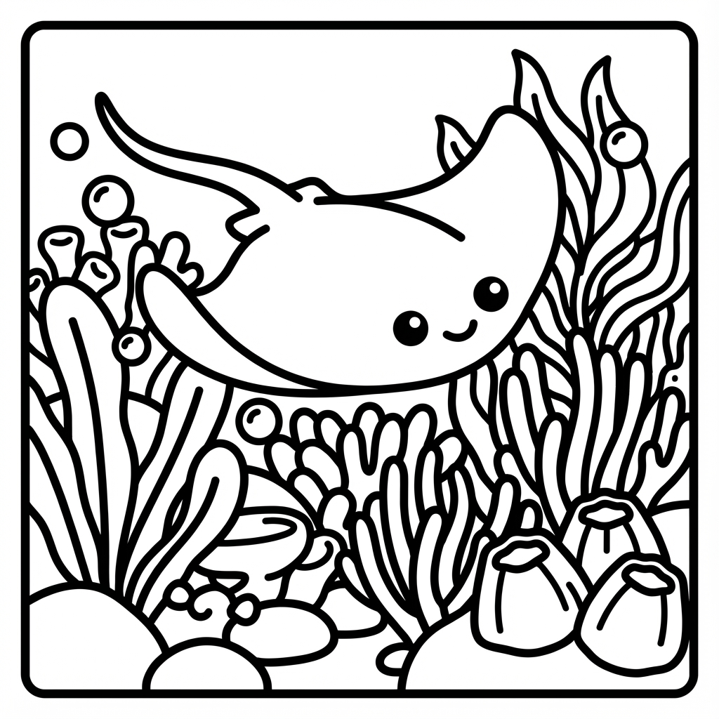 Happy manta ray swimming above seagrass and coral, with bubbles, inside a rounded square frame.