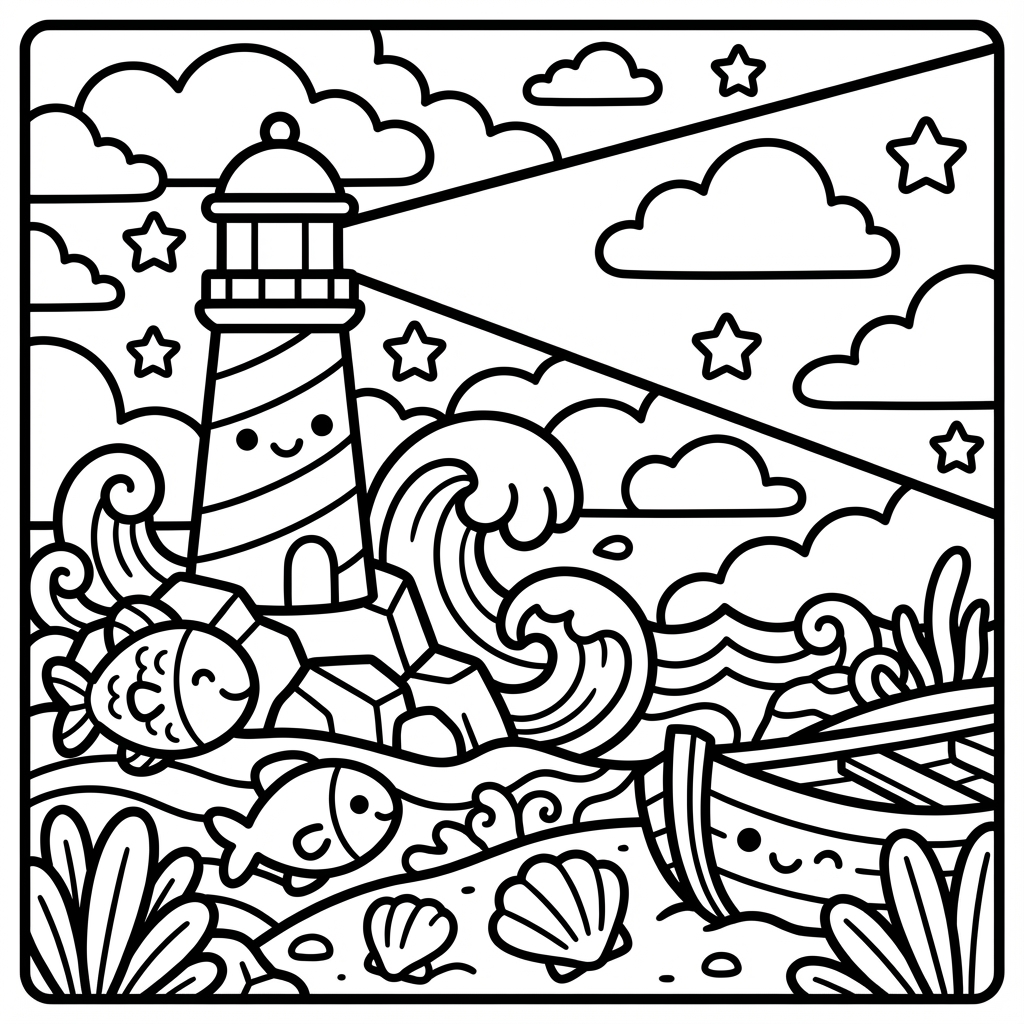 Smiling lighthouse shining a beam.
