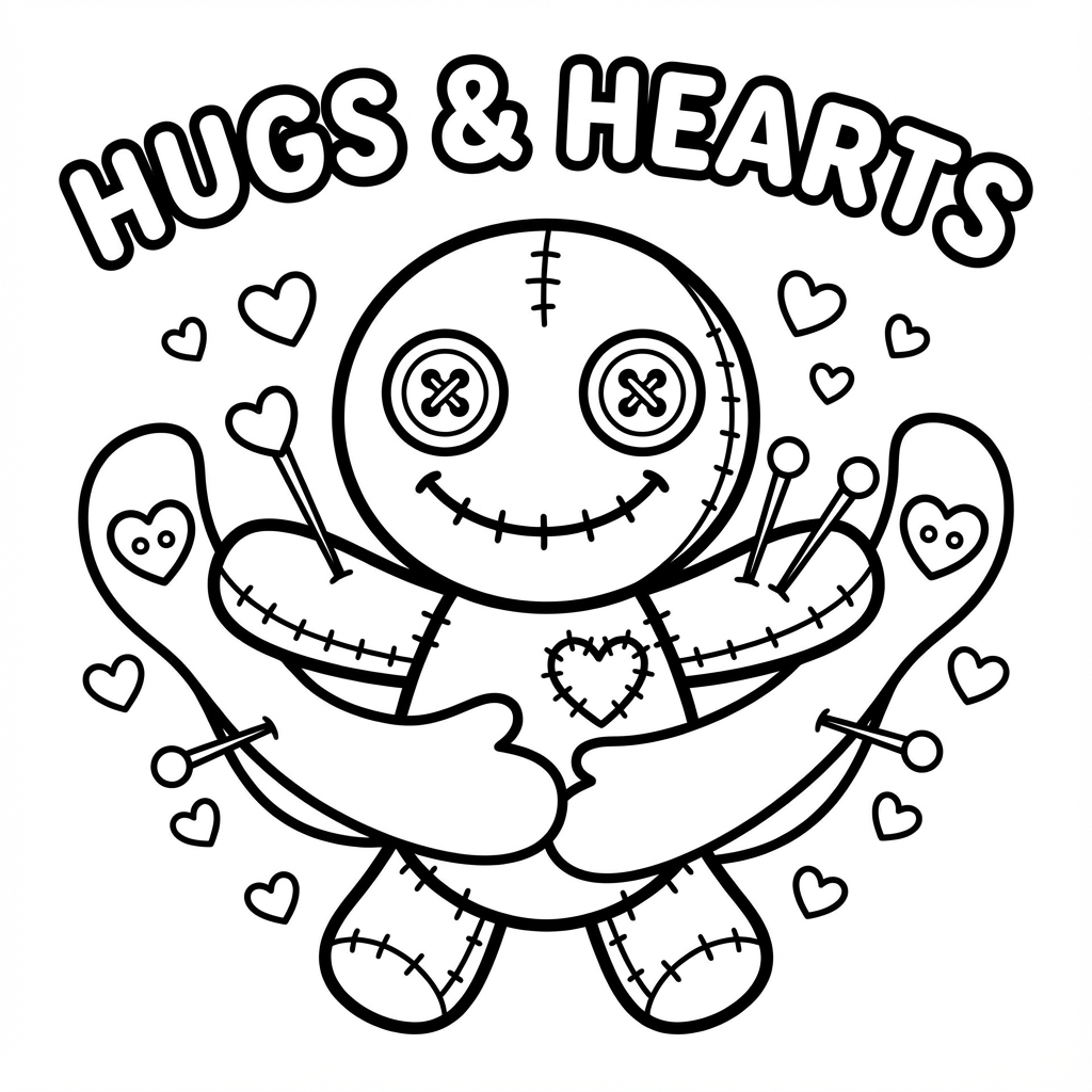 Voodoo doll giving hugs with hearts.