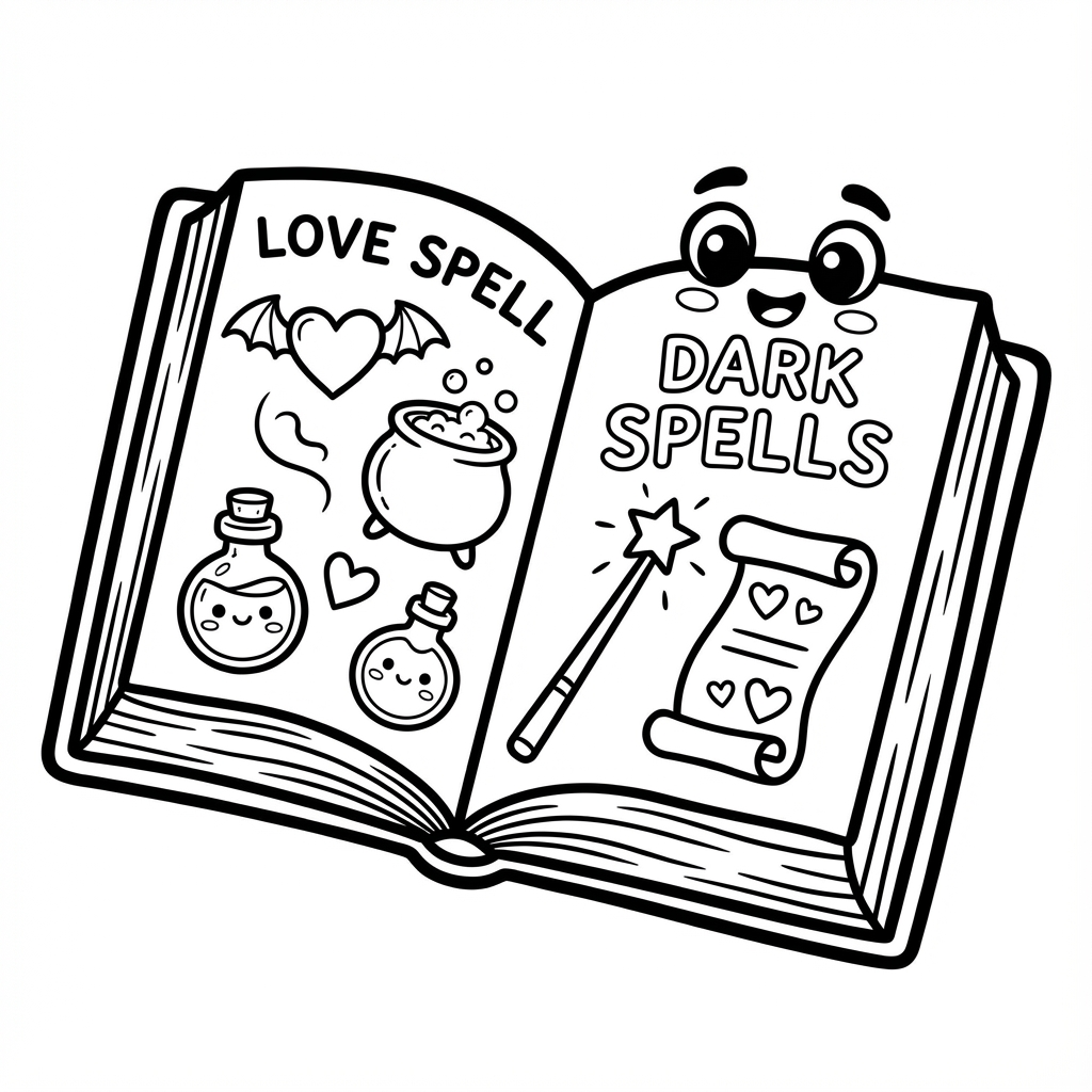 Open spellbook with love and dark spells.
